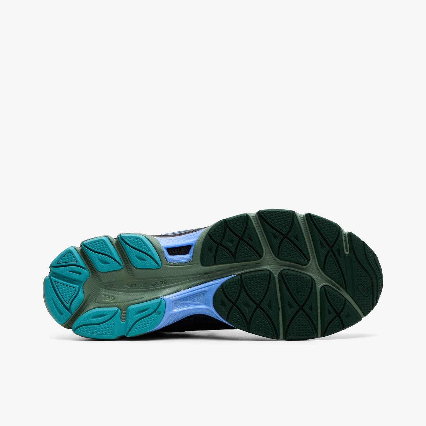 Asics US8-S GEL-SJ33. Bottom view of roasted coffee and periwinkle sneaker showing dark green, teal and blue outsole with segmented tread pattern.