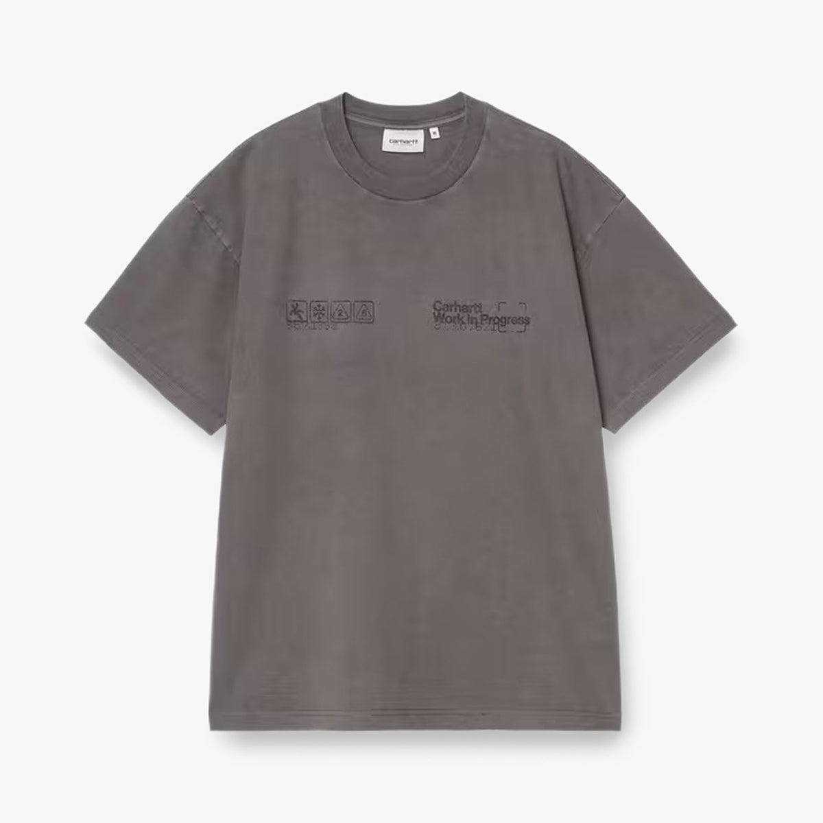 Carhartt WIP Boxed T-Shirt. Flat lay front view of a soot dark grey organic cotton t-shirt featuring a crew neck, relaxed fit, shortsleeves, and black graphic branding printed across the chest.