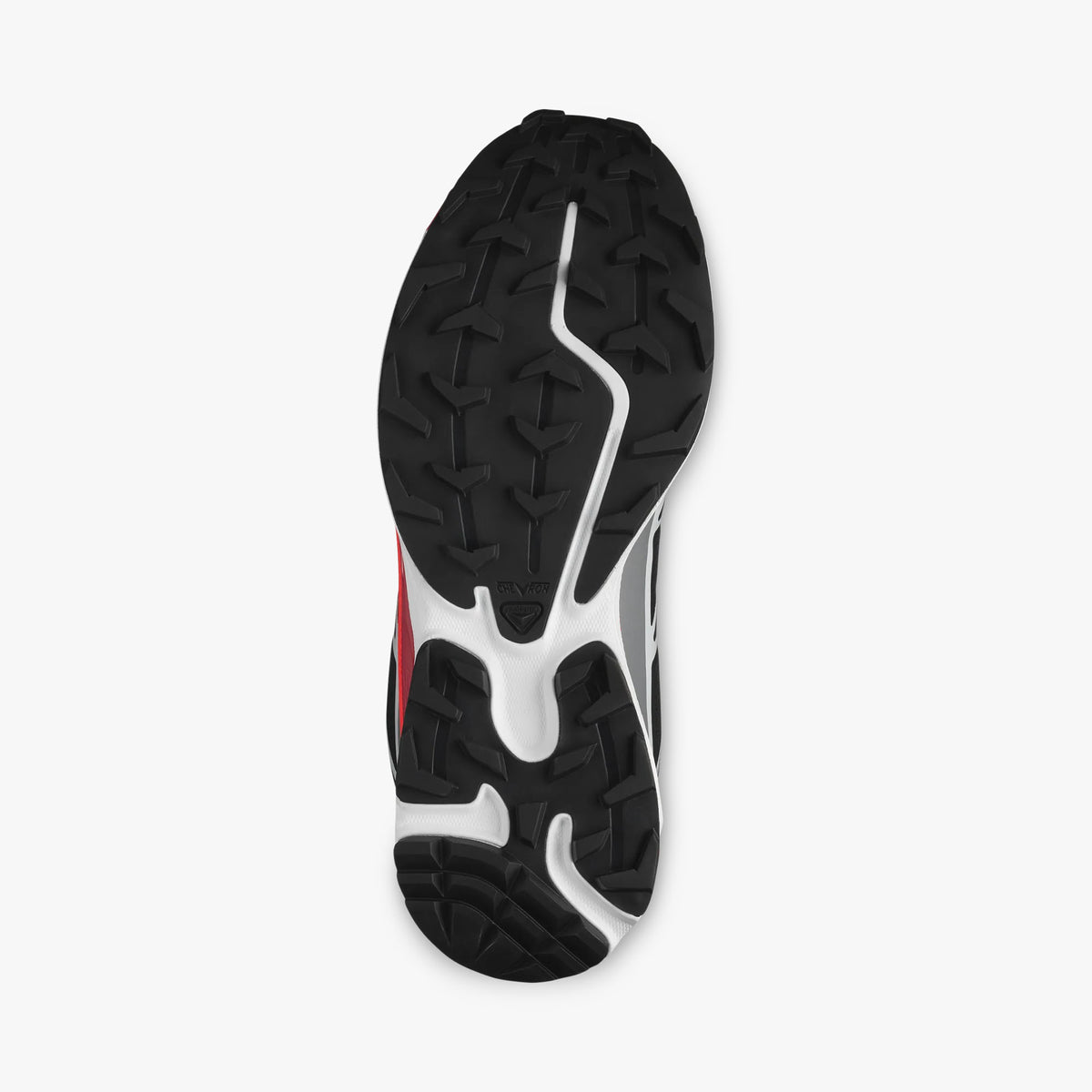 Salomon XT-6. Bottom view of single shoe displaying a black Mud Contagrip rubber outsole with multidirectional chevron traction lugs and a silver midfoot chassis plate.
