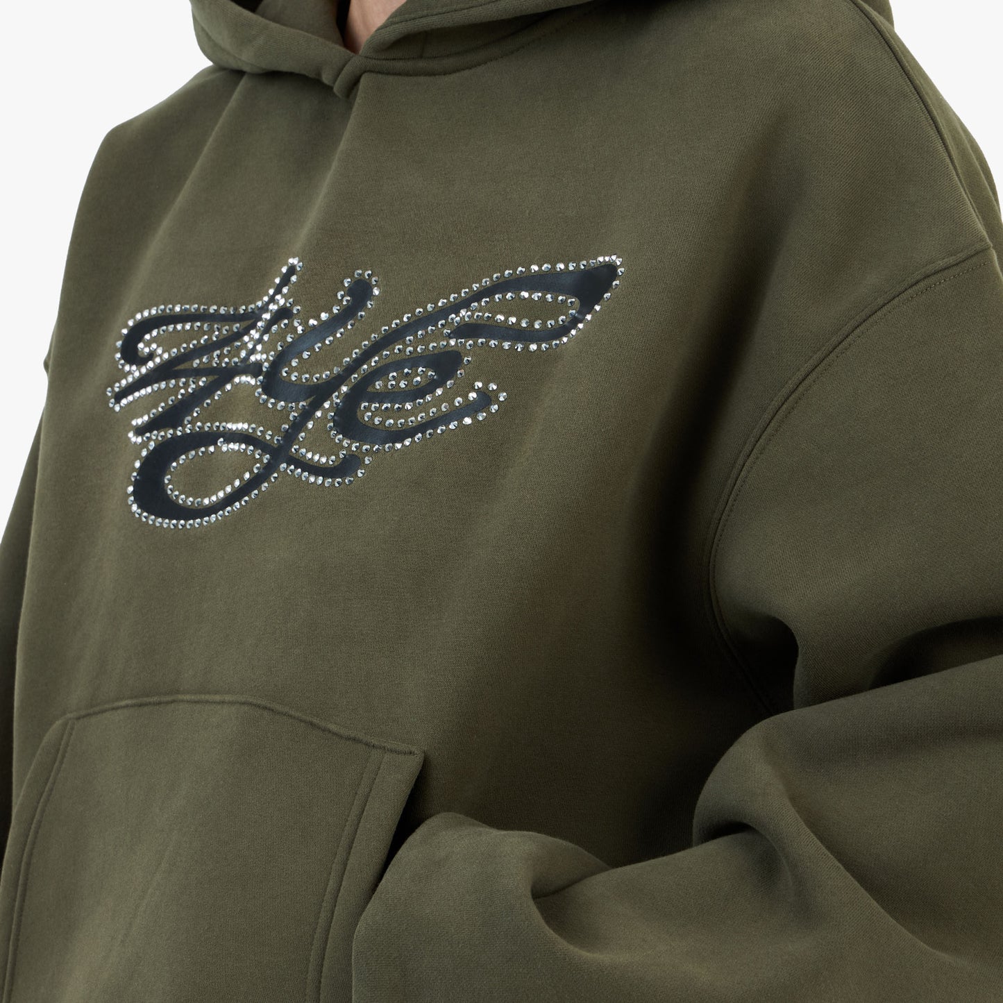 Sweat à capuche 4YE Signature orné de strass / Vert olive