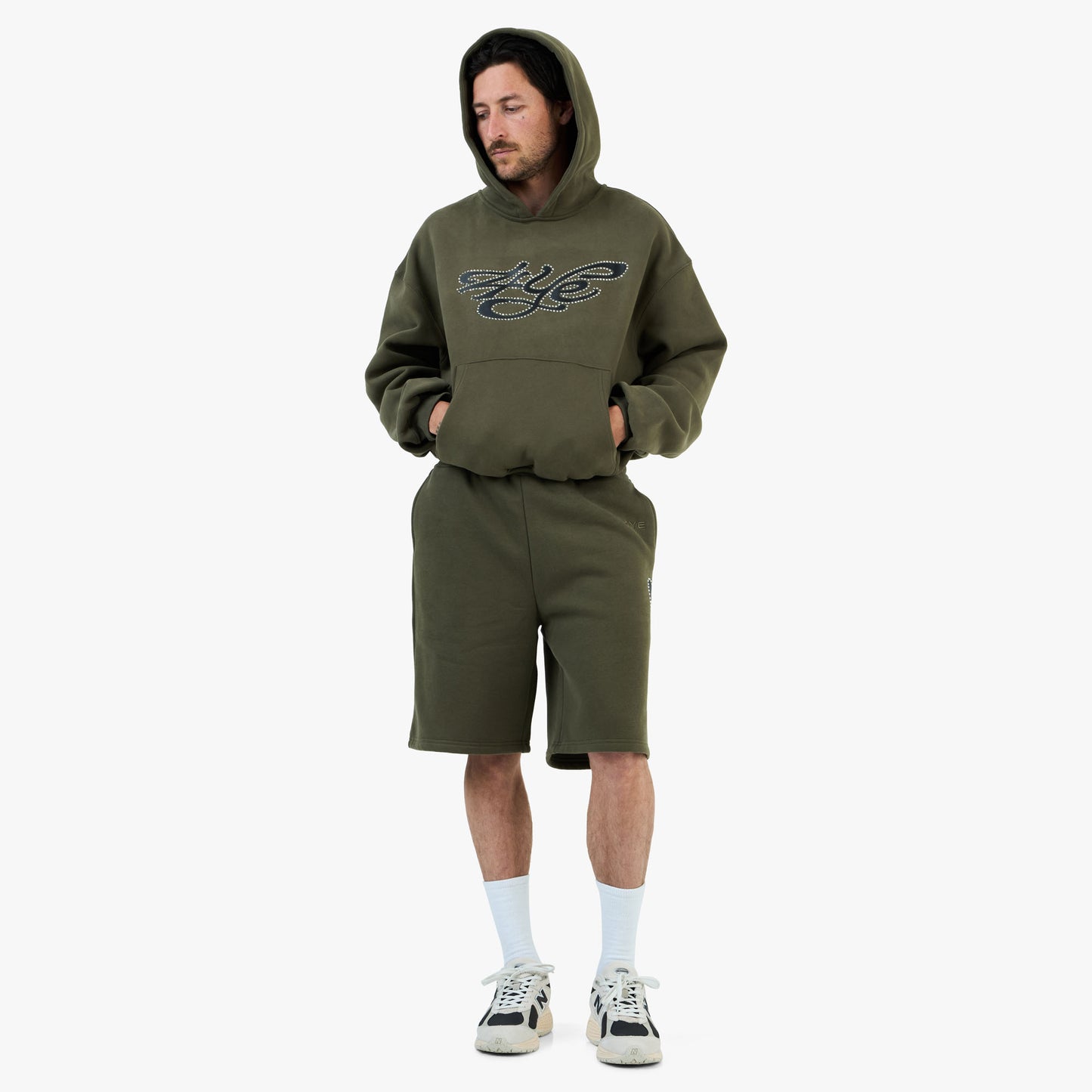 Sweat à capuche 4YE Signature orné de strass / Vert olive