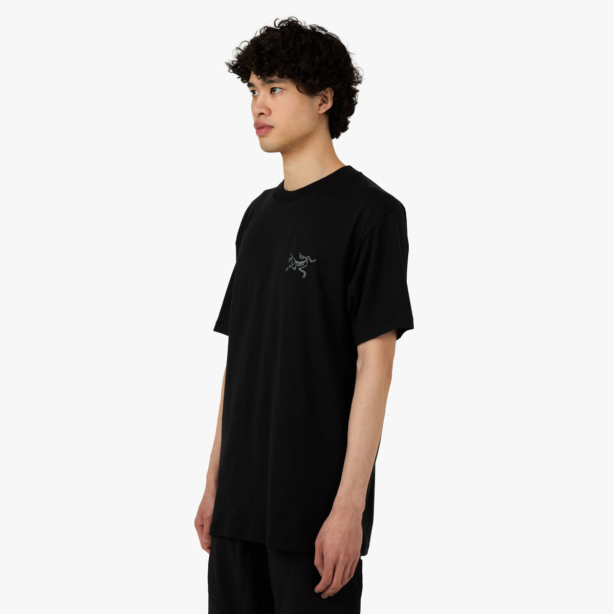 Arc'teryx Kragg SL Cotton T-Shirt. Three-quarter model view showing relaxed fit black shortsleeve t-shirt with grey printed logo on the chest.