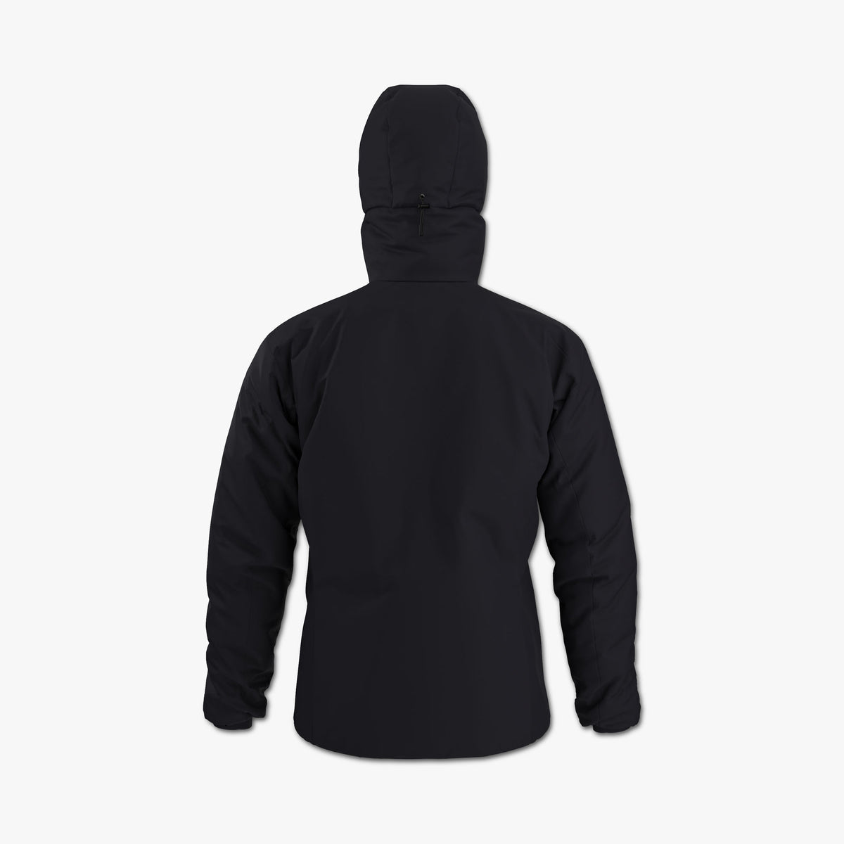 Arc'teryx Atom Hoody. Back view showing full black nylon face fabric body, fitted insulated hood, articulated sleeve construction, and subtle drop-tail hem.