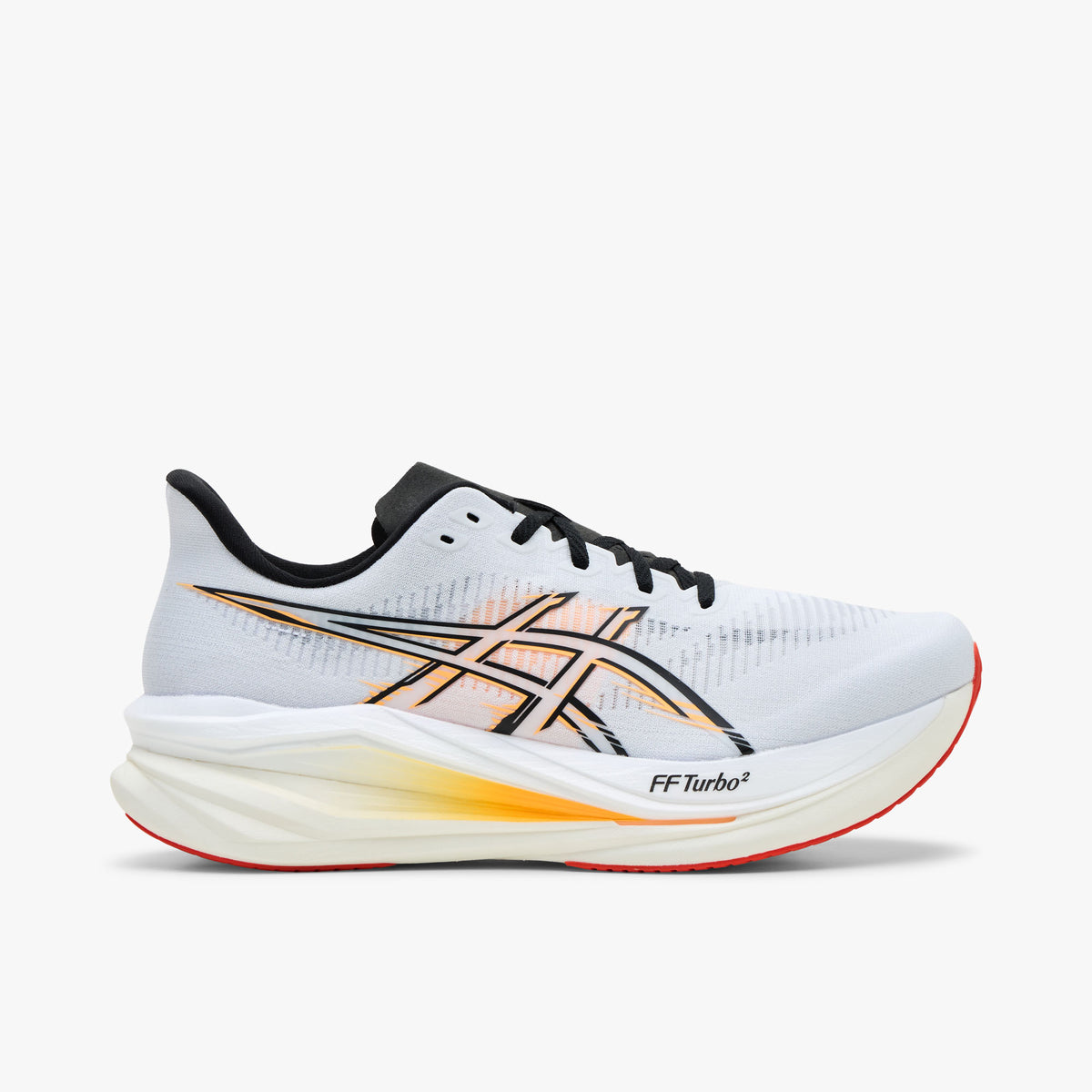 ASICS SONICBLAST 2. Side view of performance running shoes featuring a white engineered mesh upper, black ASICS vector stripes with stadium orange gradient trim, black laces, black collar lining, thick white FF BLAST TURBO foam midsole with stadium orange accenting, and a bright orange rubber outsole. 