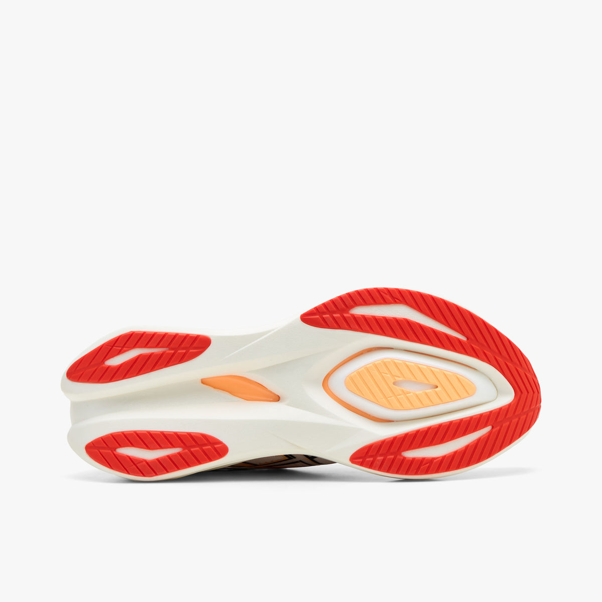ASICS SONICBLAST 2. Bottom view of single shoe displaying stadium orange rubber outsole with perimeter traction pods and central cutout revealing the foam midsole core. 