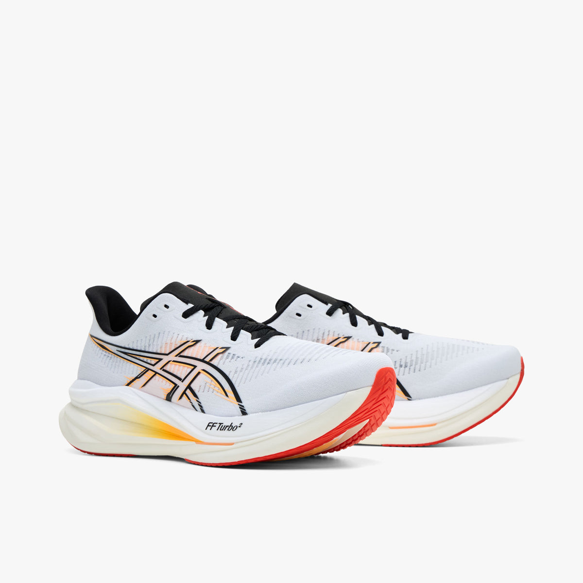 ASICS SONICBLAST 2. Three-quarter view of a pair of performance running shoes showing white mesh uppers, black and stadium orange side stripes, black laces, and sculpted orange-gradient foam midsoles. 