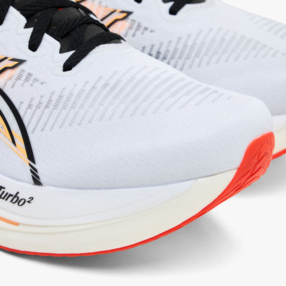 ASICS SONICBLAST 2. Close-up view of toe box highlighting breathable white engineered mesh construction, black side logo detailing, and FF Turbo branding on the thick white foam midsole rim. 