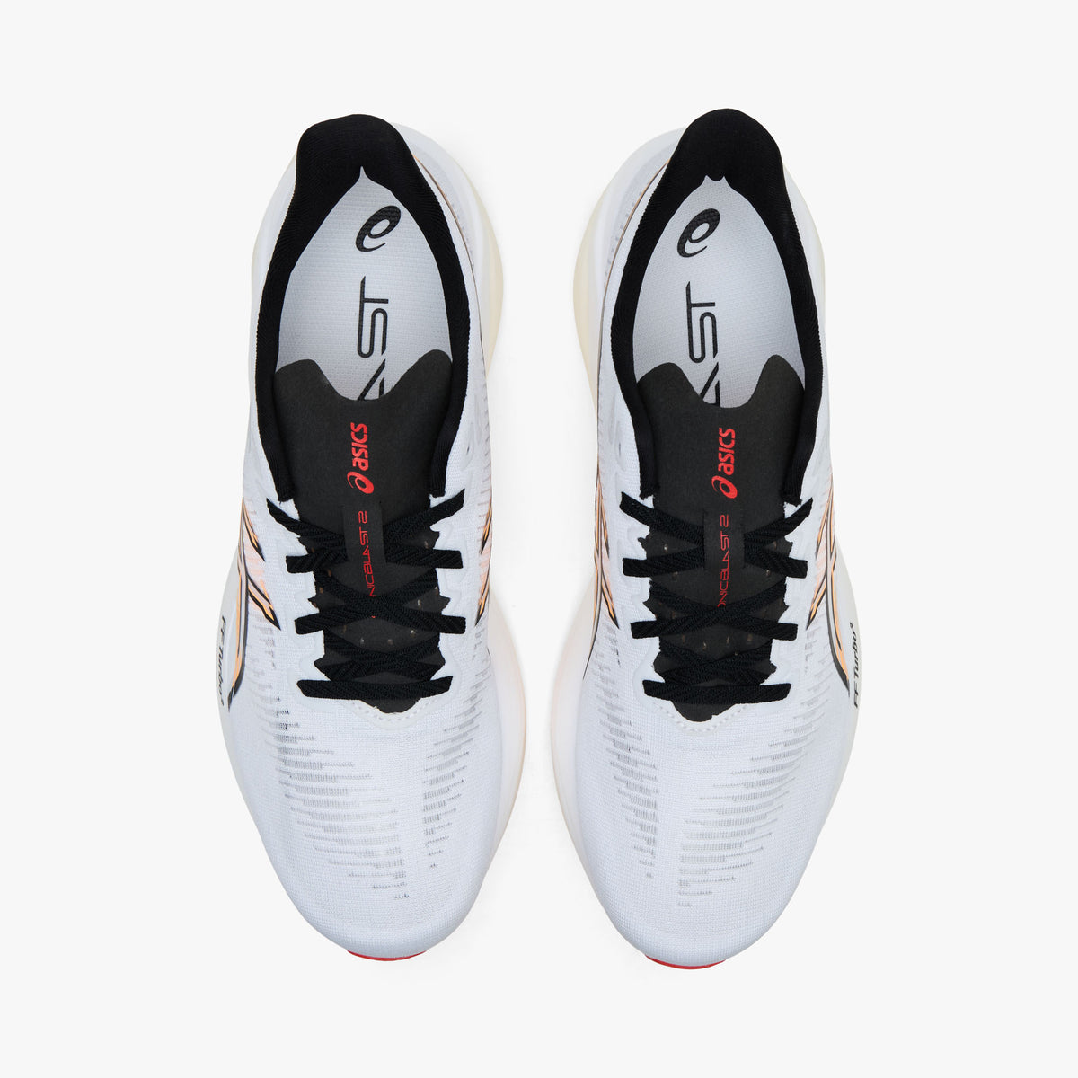 ASICS SONICBLAST 2. Top-down overhead view of a pair of running shoes displaying white engineered mesh toe boxes, black laces, black tongue ribbon with orange branding, and white insoles. 