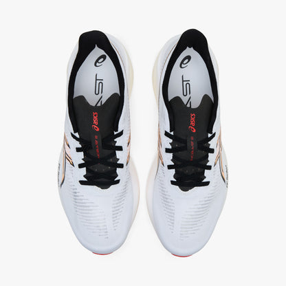 ASICS SONICBLAST 2. Top-down overhead view of a pair of running shoes displaying white engineered mesh toe boxes, black laces, black tongue ribbon with orange branding, and white insoles. 