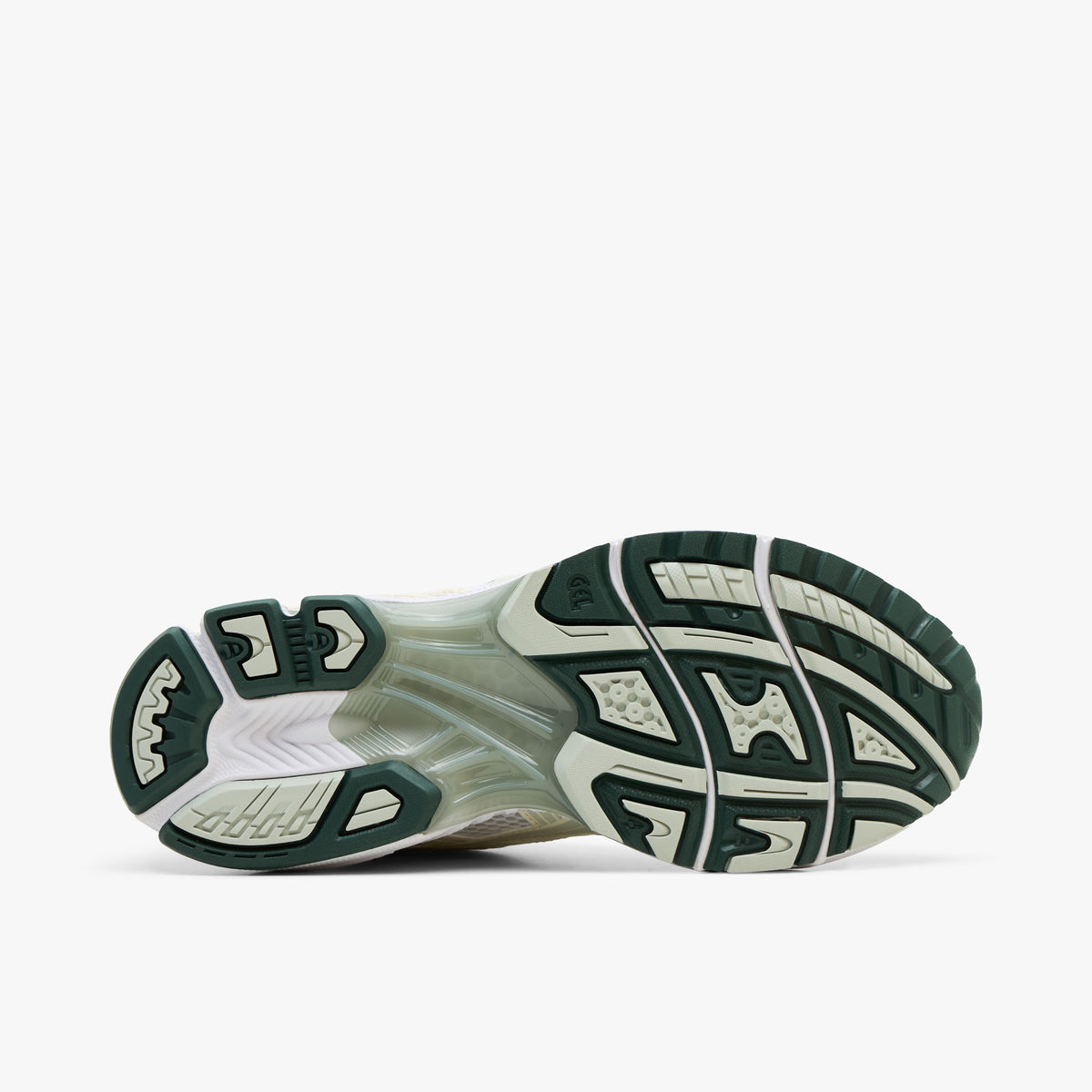 ASICS GEL-KAYANO 14. Bottom view of single shoe displaying a dark sage green rubber outsole with midfoot TRUSSTIC support system and flex grooves. 