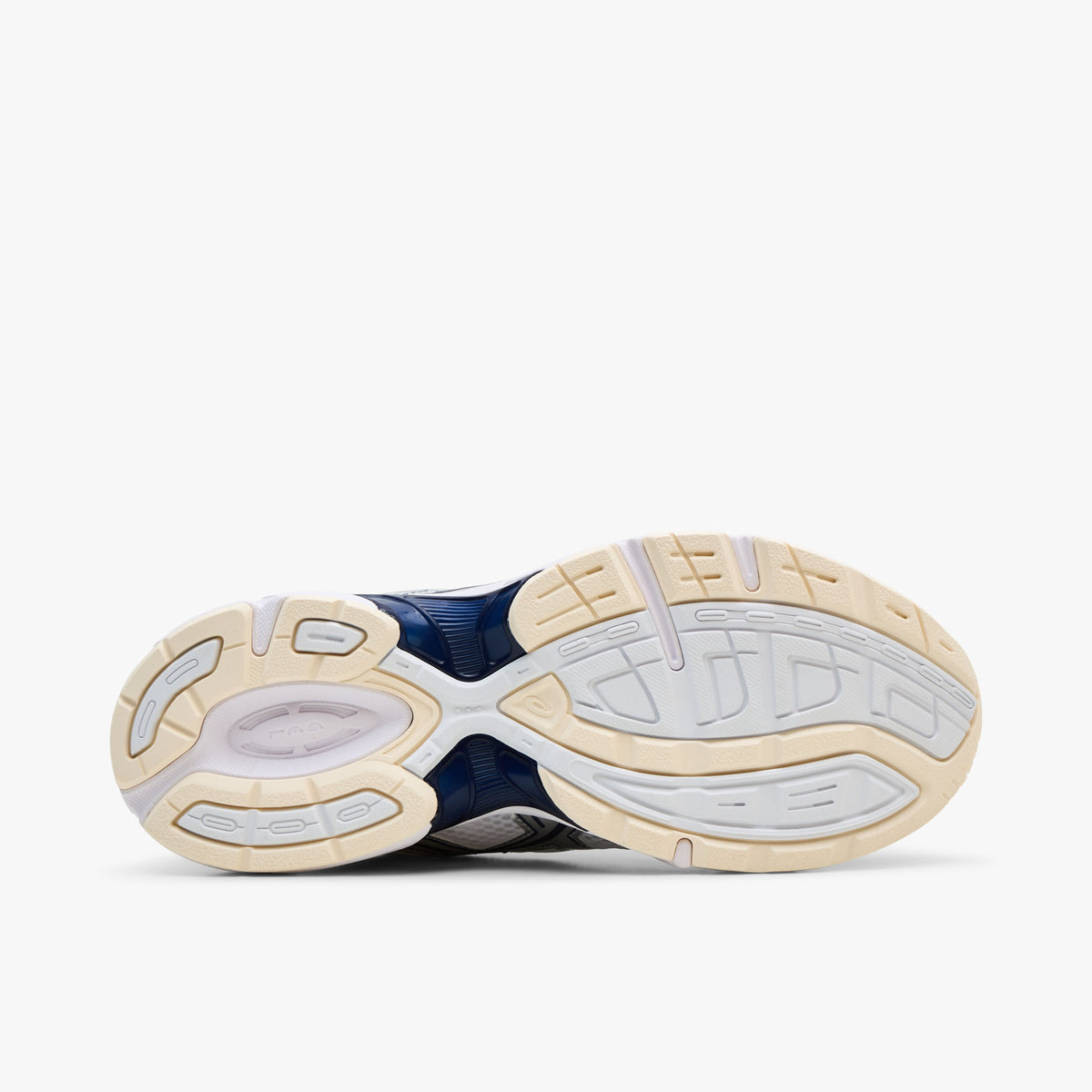 ASICS GEL-1130. Bottom view of single shoe displaying an off-white rubber outsole with a dark midnight blue midfoot TRUSSTIC support plate and multi-surface traction tread. 
