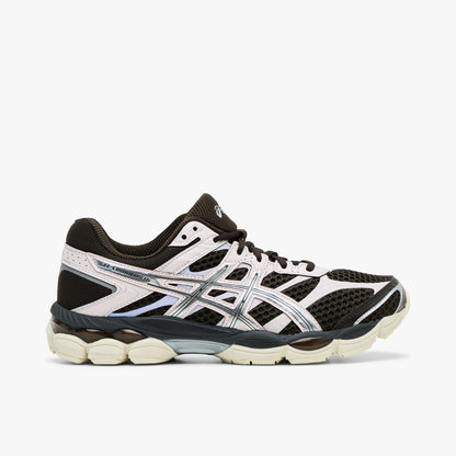 ASICS GEL-CUMULUS 16. Side view of technical running sneakers featuring a dark black coffee mesh upper, pure silver metallic Tiger Stripes with soft cream overlays, GEL-CUMULUS 16 branding near the lateral collar, a segmented midsole with visible GEL cushioning units, and a cream rubber outsole. 