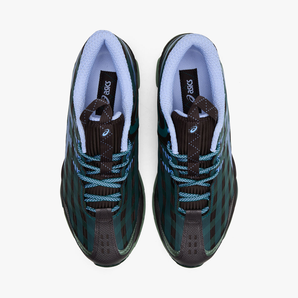Asics US8-S GEL-SJ33. Top view of roasted coffee and periwinkle sneakers showing teal laces, patterned uppers and light blue collars.