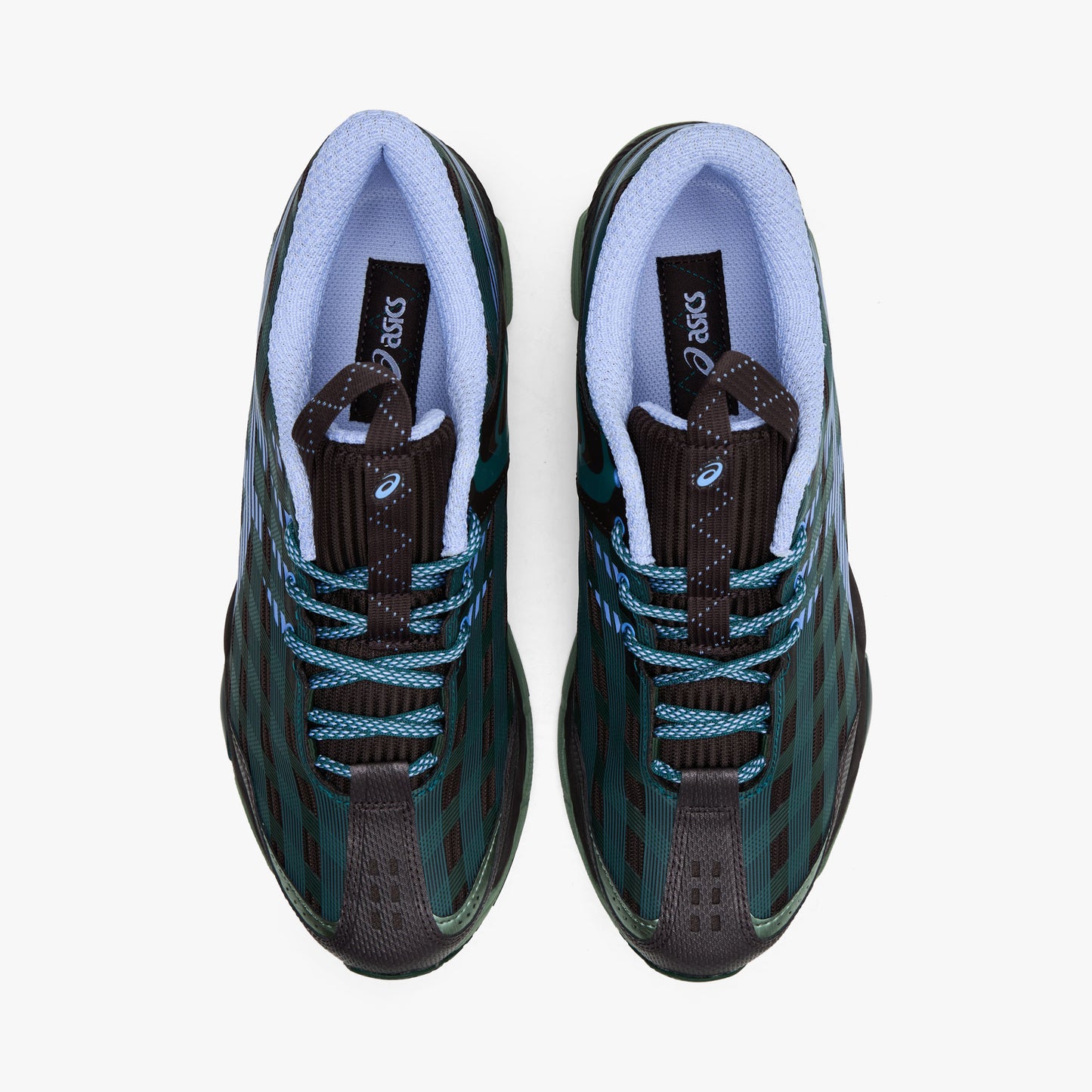 Asics US8-S GEL-SJ33. Top view of roasted coffee and periwinkle sneakers showing teal laces, patterned uppers and light blue collars.