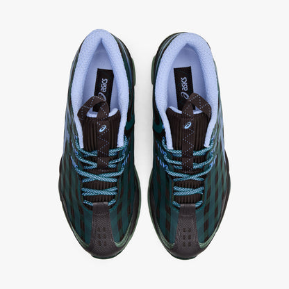 Asics US8-S GEL-SJ33. Top view of roasted coffee and periwinkle sneakers showing teal laces, patterned uppers and light blue collars.