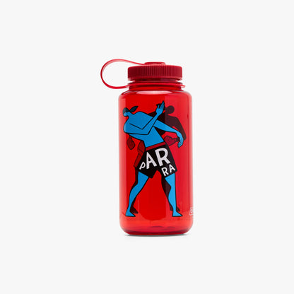 by Parra Water Slapped Nalgene Bottle. Transparent red wide-mouth bottle featuring custom blue and black boxing Parra artwork and red screw-top cap with loop strap. 