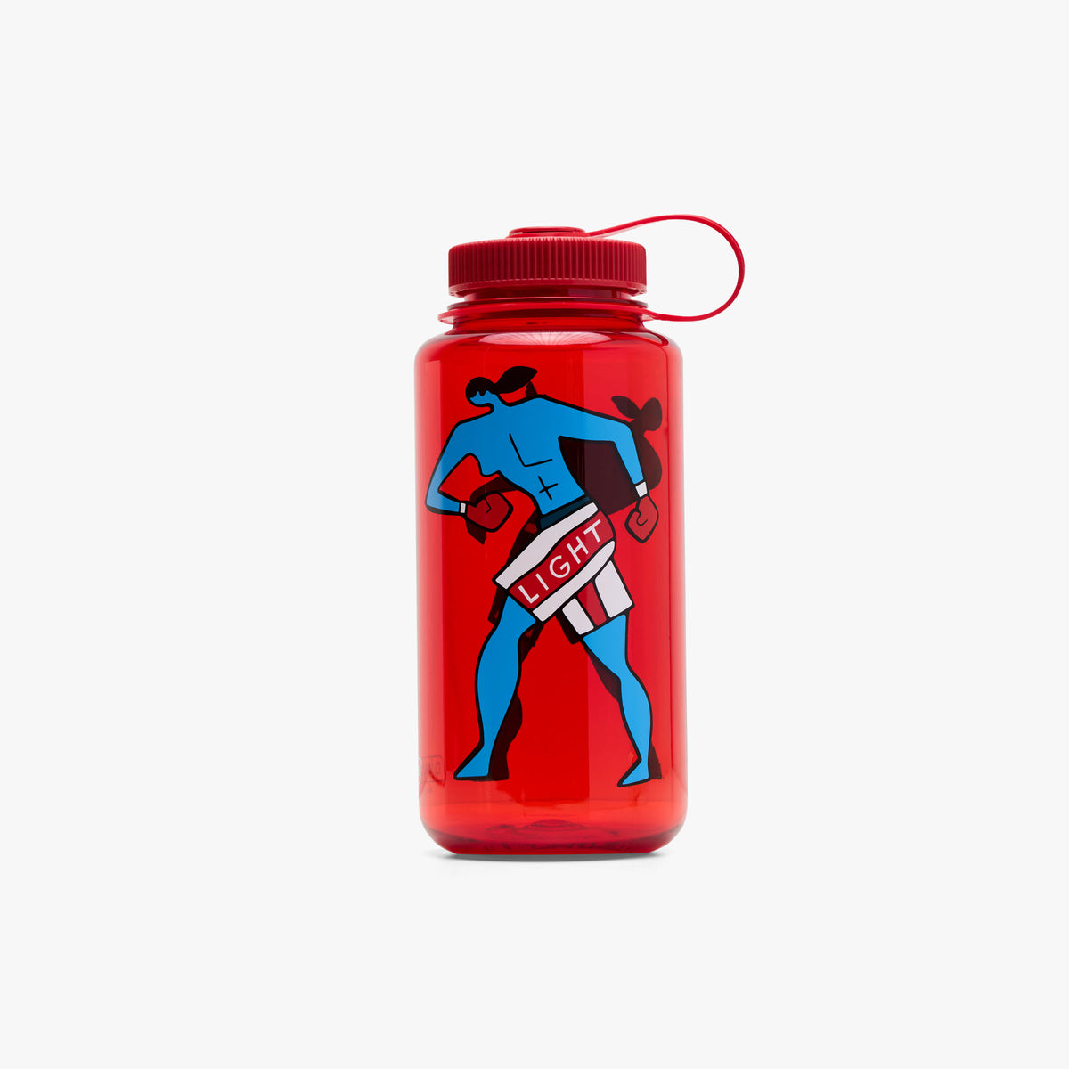 by Parra Water Slapped Nalgene Bottle. Reverse view displaying the back side of the transparent red bottle with vibrant blue boxer artwork. 