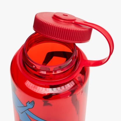 by Parra Water Slapped Nalgene Bottle. Close-up view showing the open wide-mouth neck, inner rim, and detached red screw cap with retaining strap. 