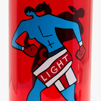 by Parra Water Slapped Nalgene Bottle. Close-up view highlighting the printed blue abstract figure graphic with "LIGHT" lettering on the boxer’s shorts. 