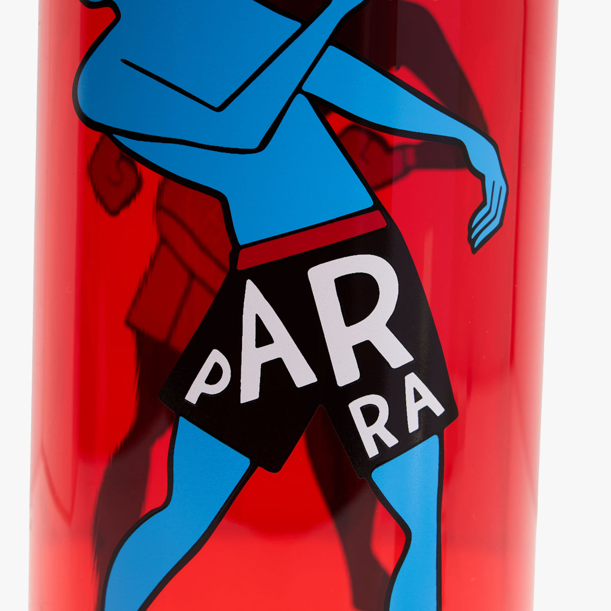 by Parra Water Slapped Nalgene Bottle. Close-up view focusing on the signature blue Parra figure with black "PARRA" branded shorts on the red bottle. 