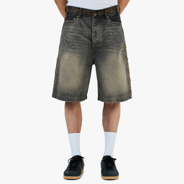 Adidem Asterisks Waxed Two-Tone Denim Rivet Shorts / Black 1