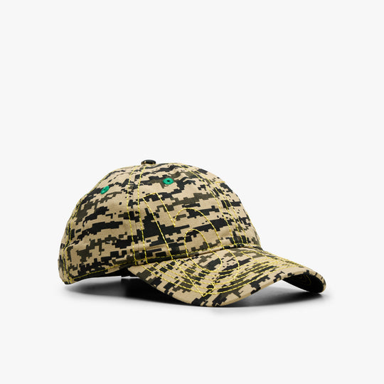 B.eautiful Vapor 6 Panel Hat. Side view of Mojave digicamo and yellow cap showing curved brim profile and ventilation eyelets.