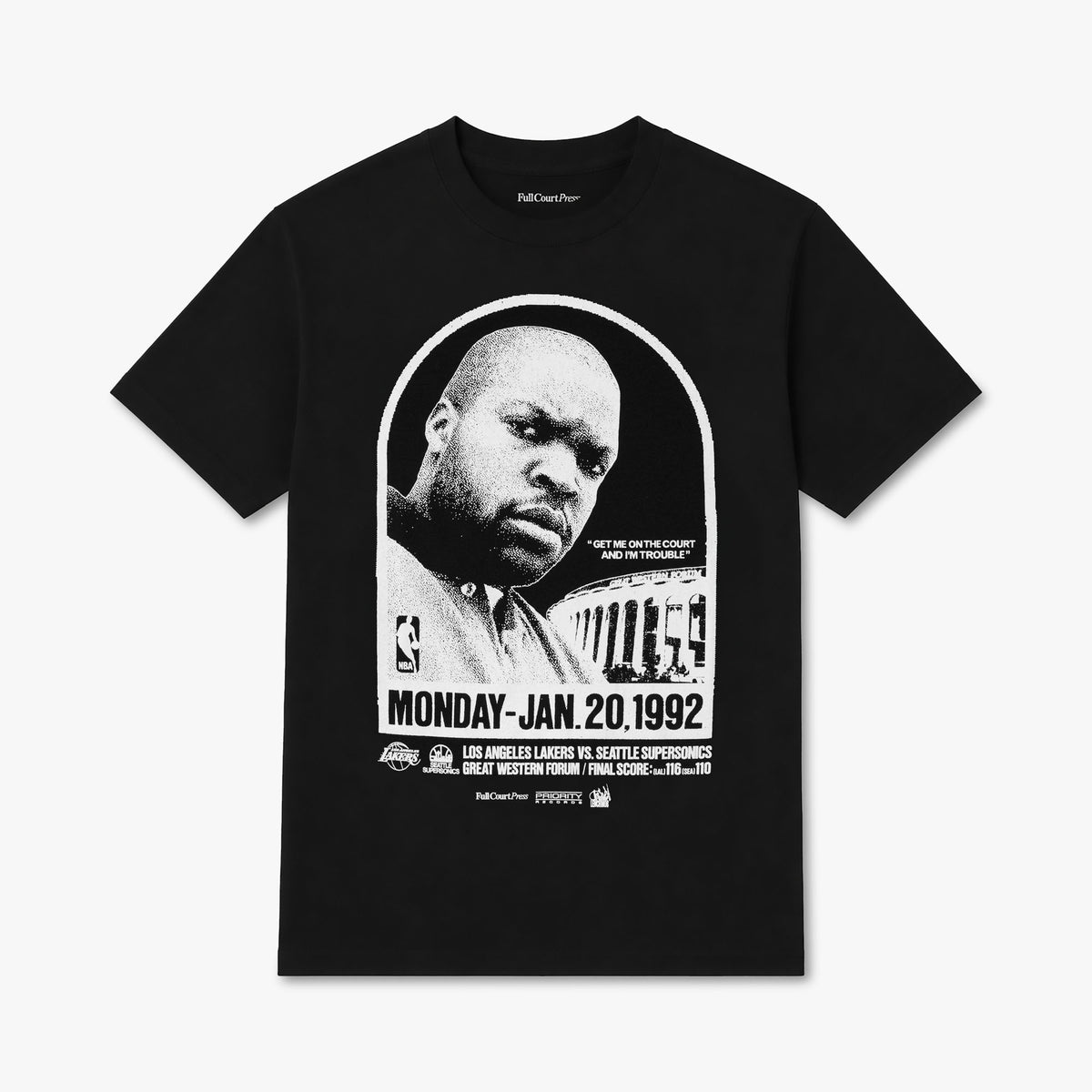 Full Court Press Death Certificate T-Shirt. Flat lay front view of a shortsleeve cotton t-shirt featuring a black colorway, large vintage-style monochrome graphic across the chest framed in an archway with a portrait photo, "MONDAY • JAN 20 1992" text, event details, ribbed crewneck collar, and straight hemline. 
