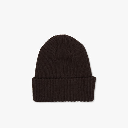 Balmoral Orchard Cotton Beanie. Back view showing the solid coffee brown ribbed knit cotton beanie with a clean, unadorned folded cuff. 