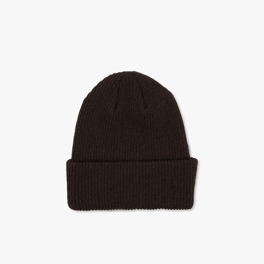 Balmoral Orchard Cotton Beanie. Back view showing the solid coffee brown ribbed knit cotton beanie with a clean, unadorned folded cuff. 