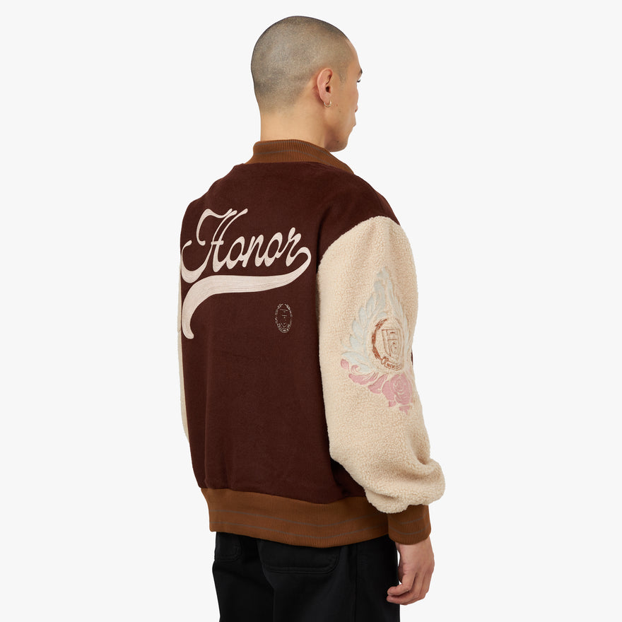 Beta Gamma Nu Varsity Letterman Jacket with Greek Letters and Crest, Brown /Cream