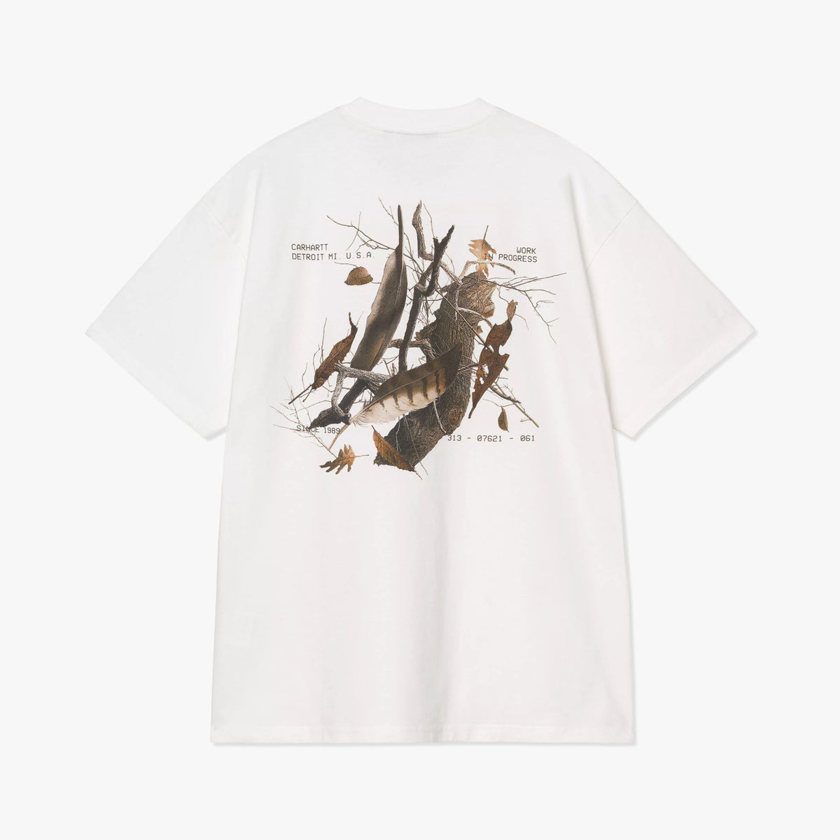 Carhartt WIP Feather Progress T-Shirt. Flat lay back view of white short-sleeve organic cotton t-shirt featuring a large graphic print of branches, leaves, and feathers with subtle technical text annotations across the back. 
