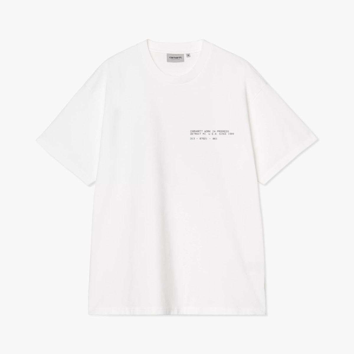 Carhartt WIP Feather Progress T-Shirt. Flat lay front view of white short-sleeve organic cotton t-shirt with a rib-knit crewneck collar and subtle grey text branding printed on the left chest. 