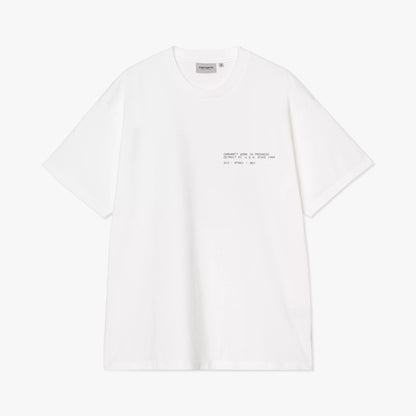 Carhartt WIP Feather Progress T-Shirt. Flat lay front view of white short-sleeve organic cotton t-shirt with a rib-knit crewneck collar and subtle grey text branding printed on the left chest. 