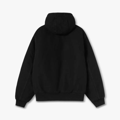 Carhartt WIP OG Active Jacket. Flat lay back view showing full black canvas body, attached drawstring hood, raglan-style shoulder seam detailing, and ribbed knit hem and cuffs. 