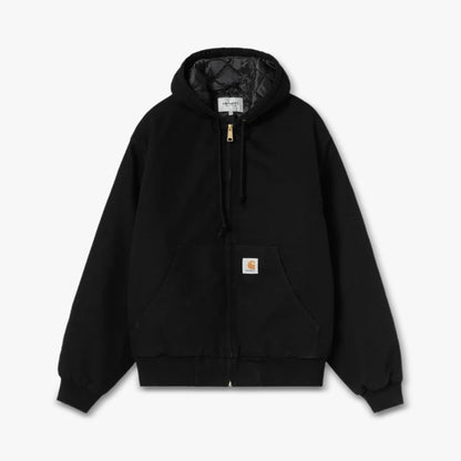 Carhartt WIP OG Active Jacket. Flat lay front view of heavy black organic cotton canvas hooded jacket featuring a diamond-quilted lining, full-zip front closure with gold metallic pull, adjustable drawstrings at the hood, split kangaroo hand pockets, woven square logo patch on left pocket, and ribbed knit cuffs and hem. 