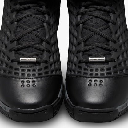 Nike Kobe III Protro. Close-up top-down view of both toe boxes showing smooth black synthetic leather toes, metallic silver lace dubraes, and diamond mesh net upper construction. 