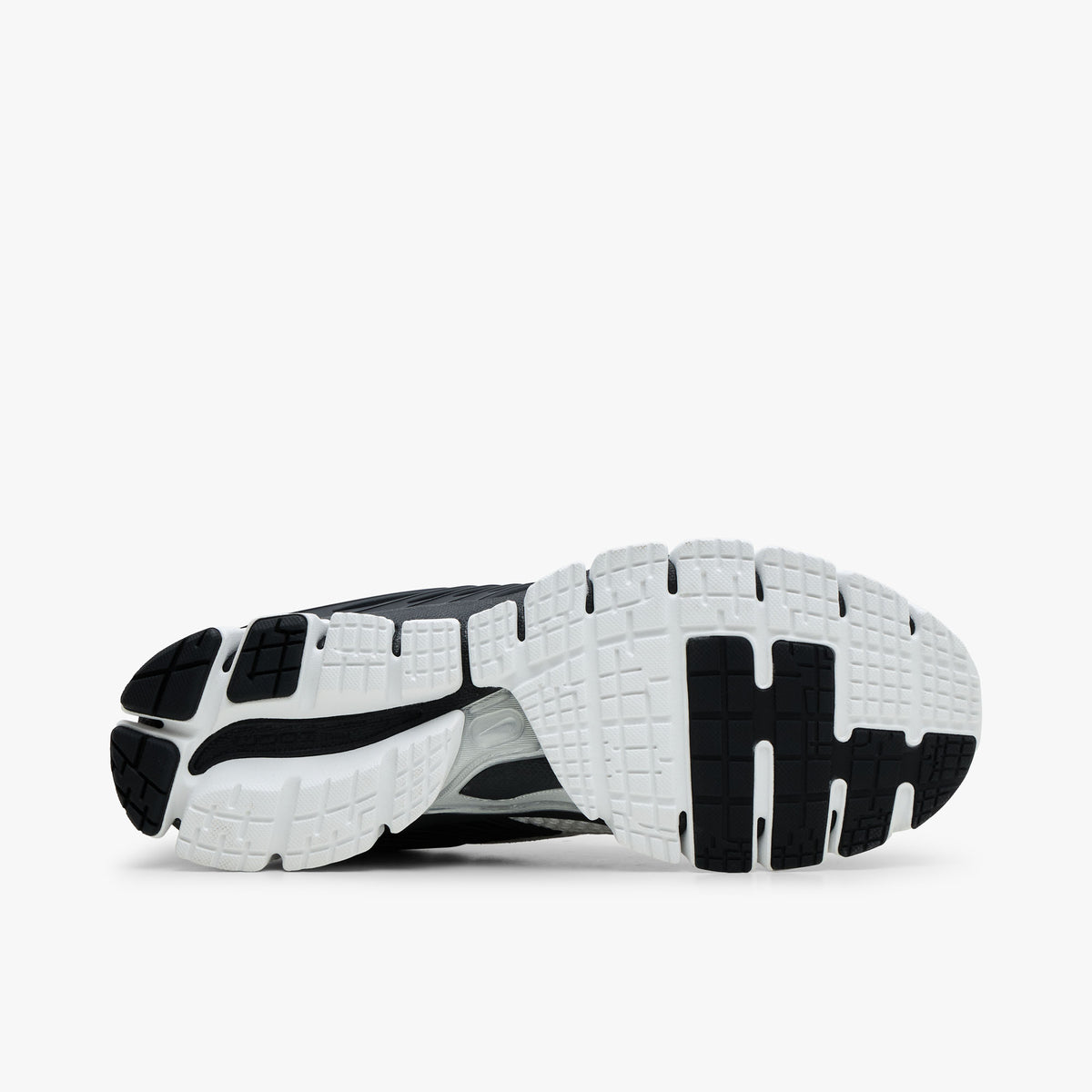 Nike Zoom Skylon 11. Bottom view of Summit White running shoes showing Black and White segmented rubber traction outsole. 