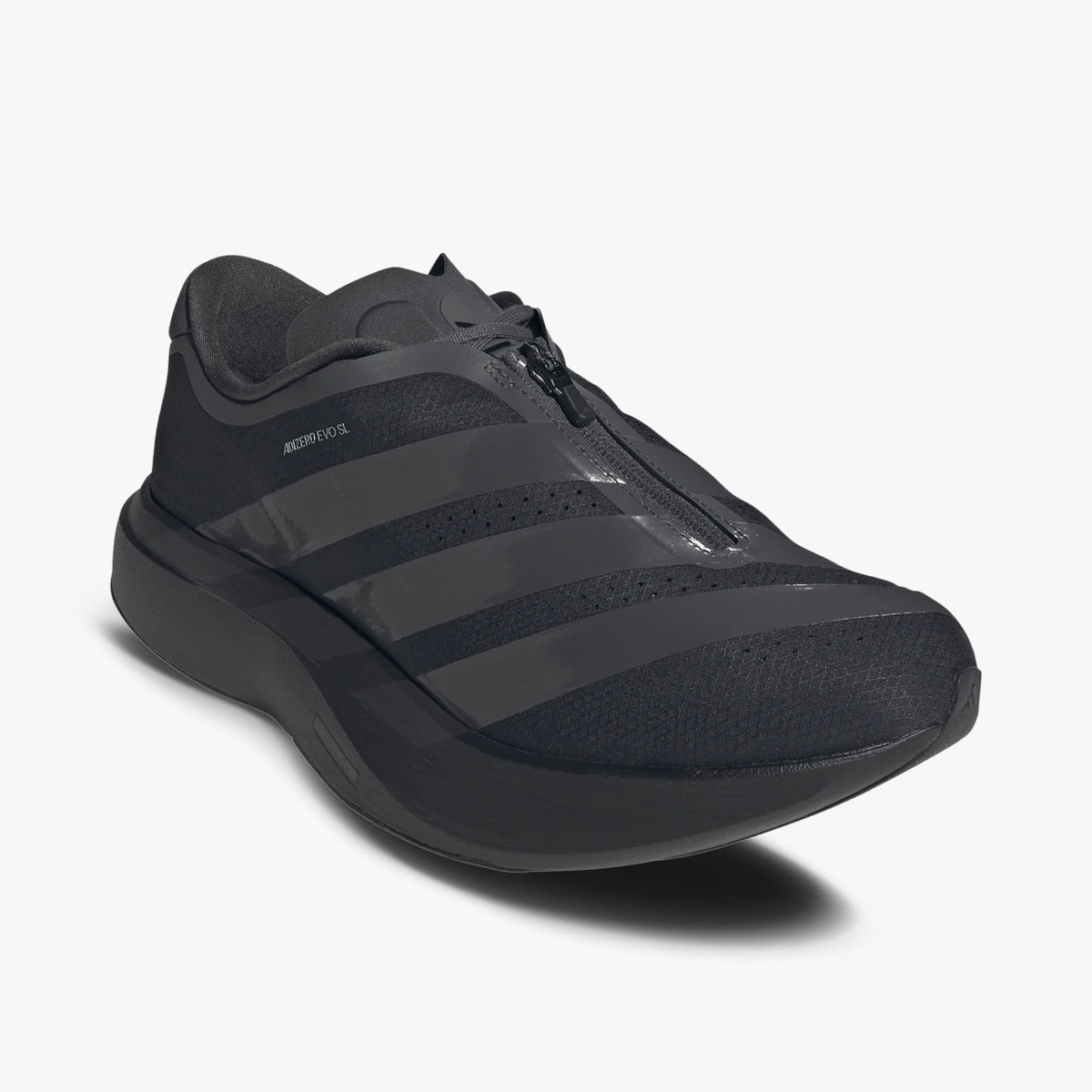 adidas adizero EVO SL Zip-Up. Three-quarter view of Black running shoes showing laceless zip-up upper shroud and sculpted midsole. 