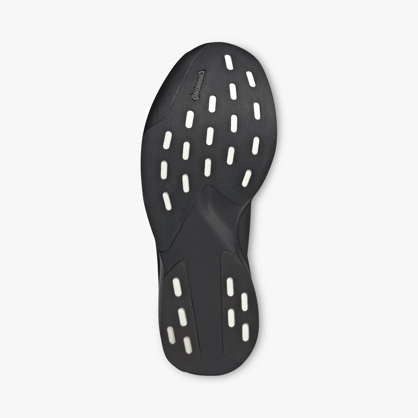 adidas adizero EVO SL Zip-Up. Bottom view of Black running shoes showing dark rubber traction outsole with white foam cutouts. 