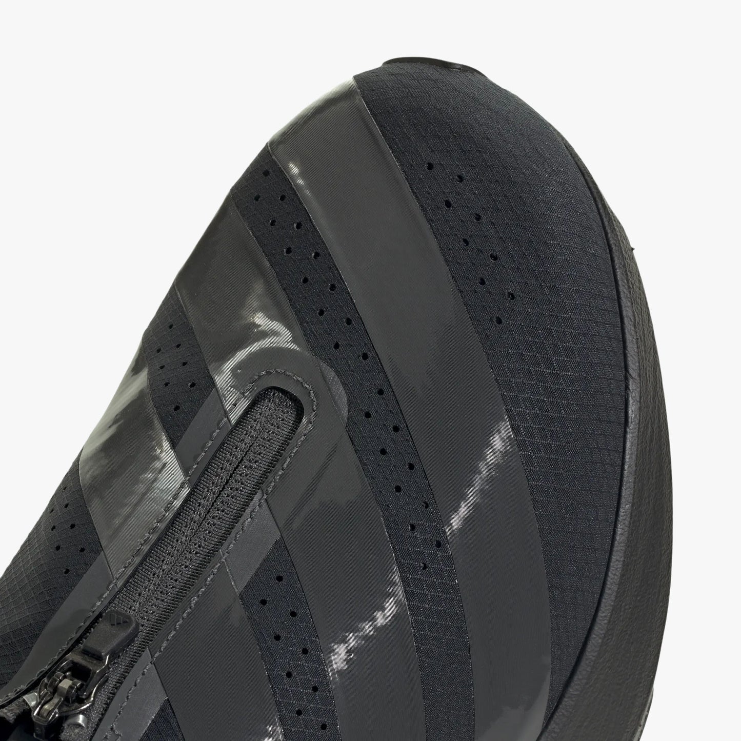 adidas adizero EVO SL Zip-Up. Close-up of Black mesh upper showing zipper closure, Grey three-stripes, and perforated ventilation. 