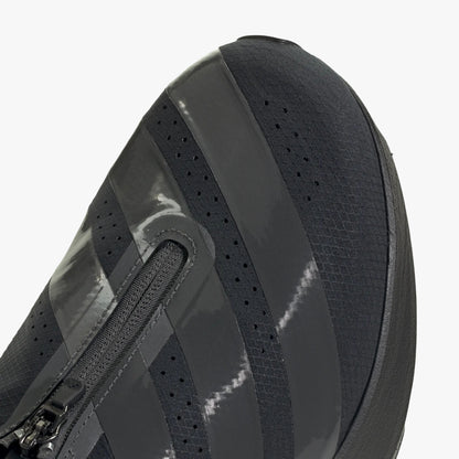 adidas adizero EVO SL Zip-Up. Close-up of Black mesh upper showing zipper closure, Grey three-stripes, and perforated ventilation. 