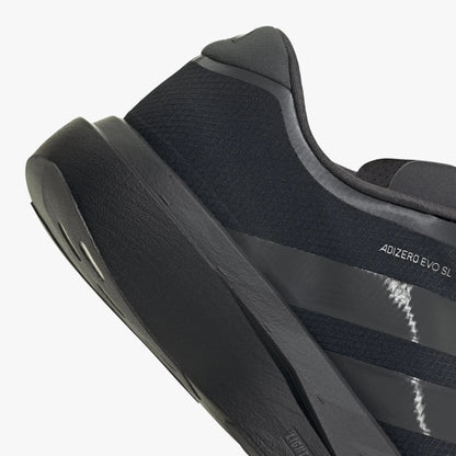 adidas adizero EVO SL Zip-Up. Close-up of Black padded heel collar, side adizero branding, and thick cushioned foam heel. 