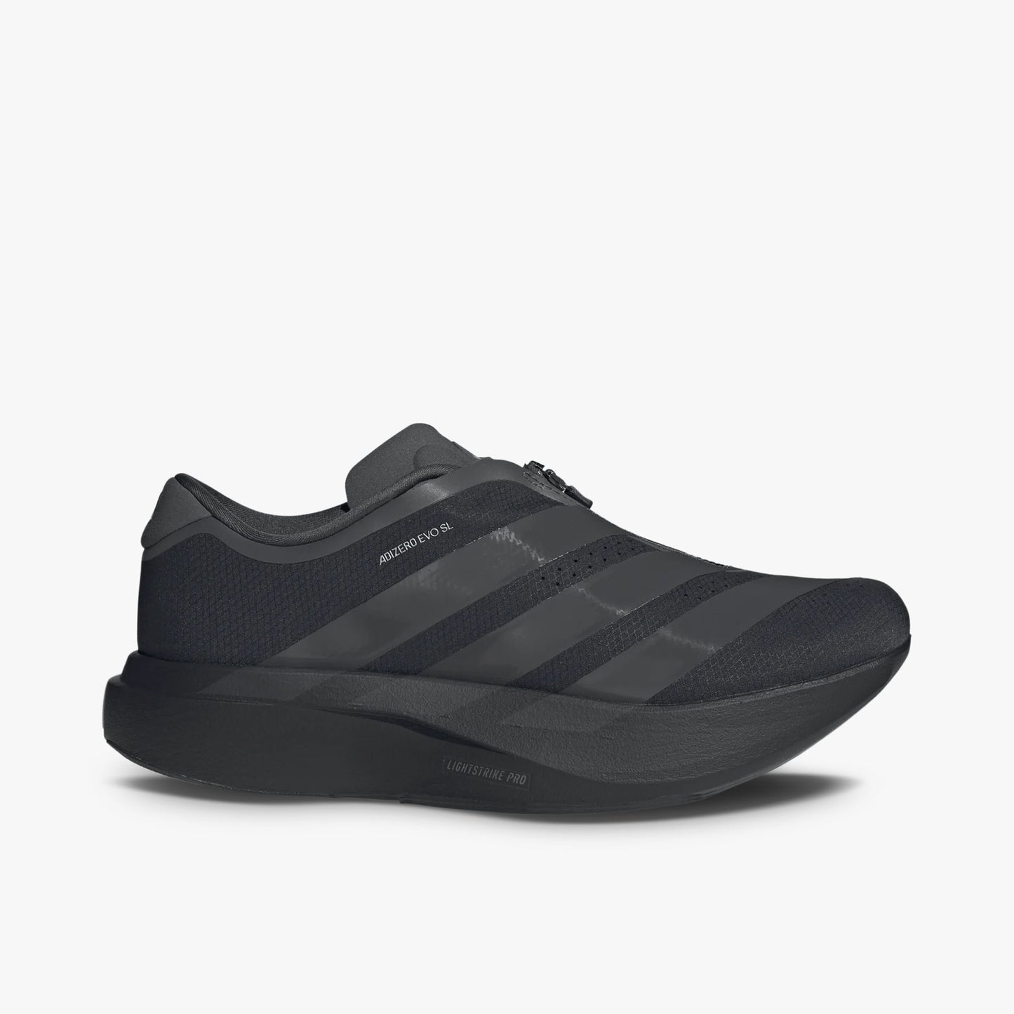 adidas adizero EVO SL Zip-Up. Side view of Black running shoes with Grey three-stripes and a Lightstrike Pro foam midsole. 
