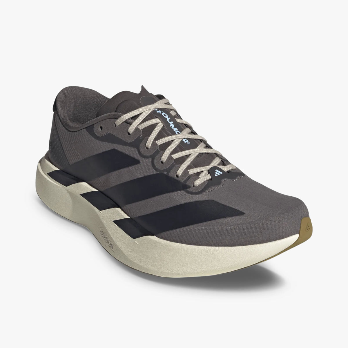 adidas adizero EVO SL. Three-quarter view of Charcoal running shoe showing oversized three-stripes, light laces, and sculpted midsole. 
