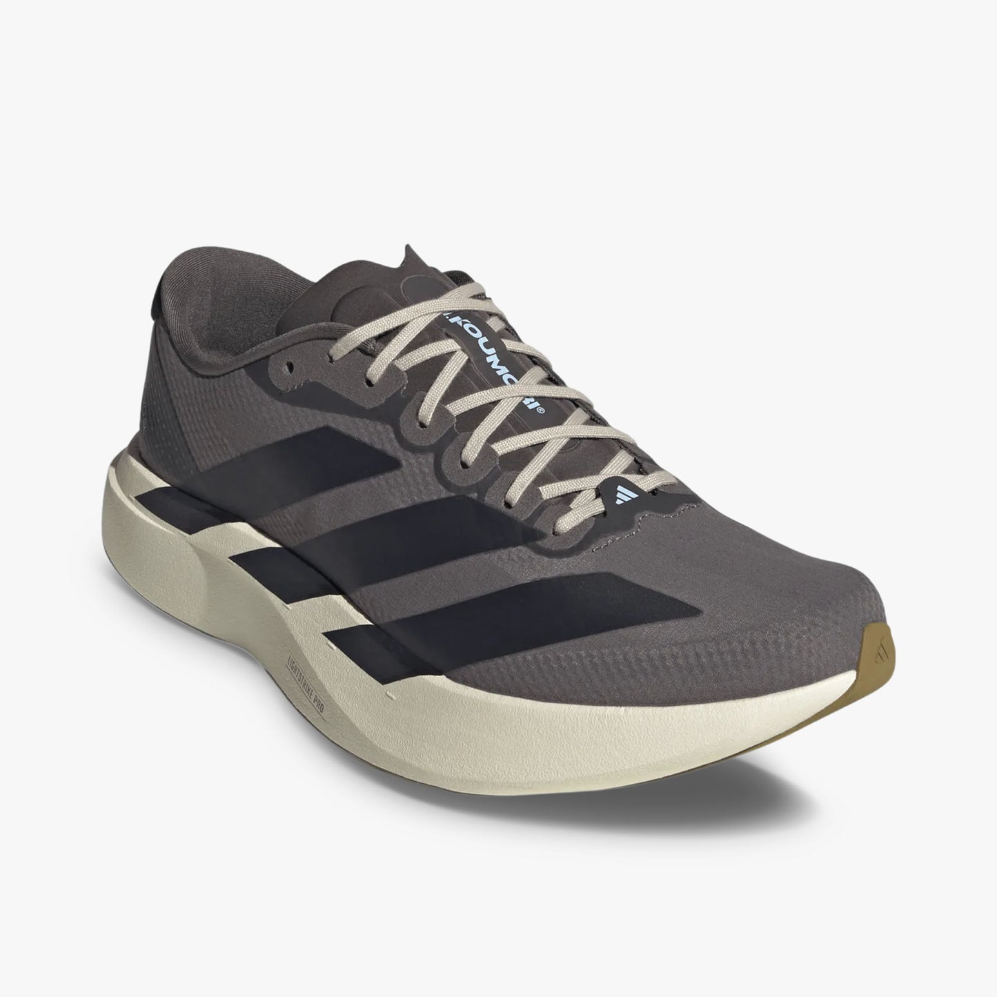 adidas adizero EVO SL. Three-quarter view of Charcoal running shoe showing oversized three-stripes, light laces, and sculpted midsole. 