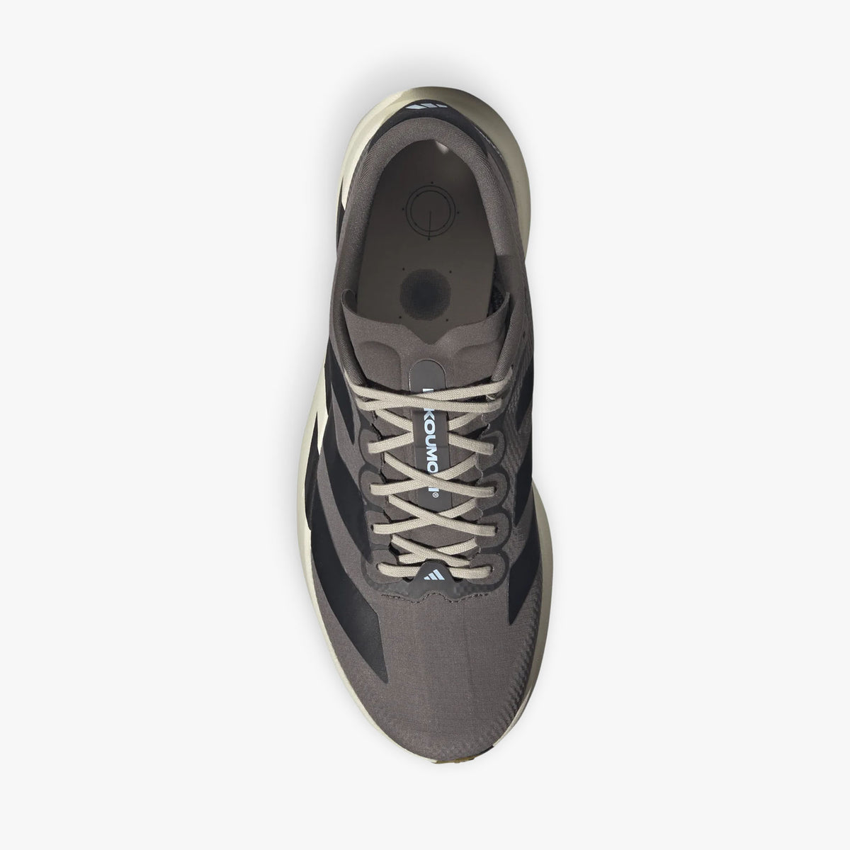 adidas adizero EVO SL. Top view of Charcoal running shoe showing light grey laces, light blue tongue accent, textile lining, and padded collar. 