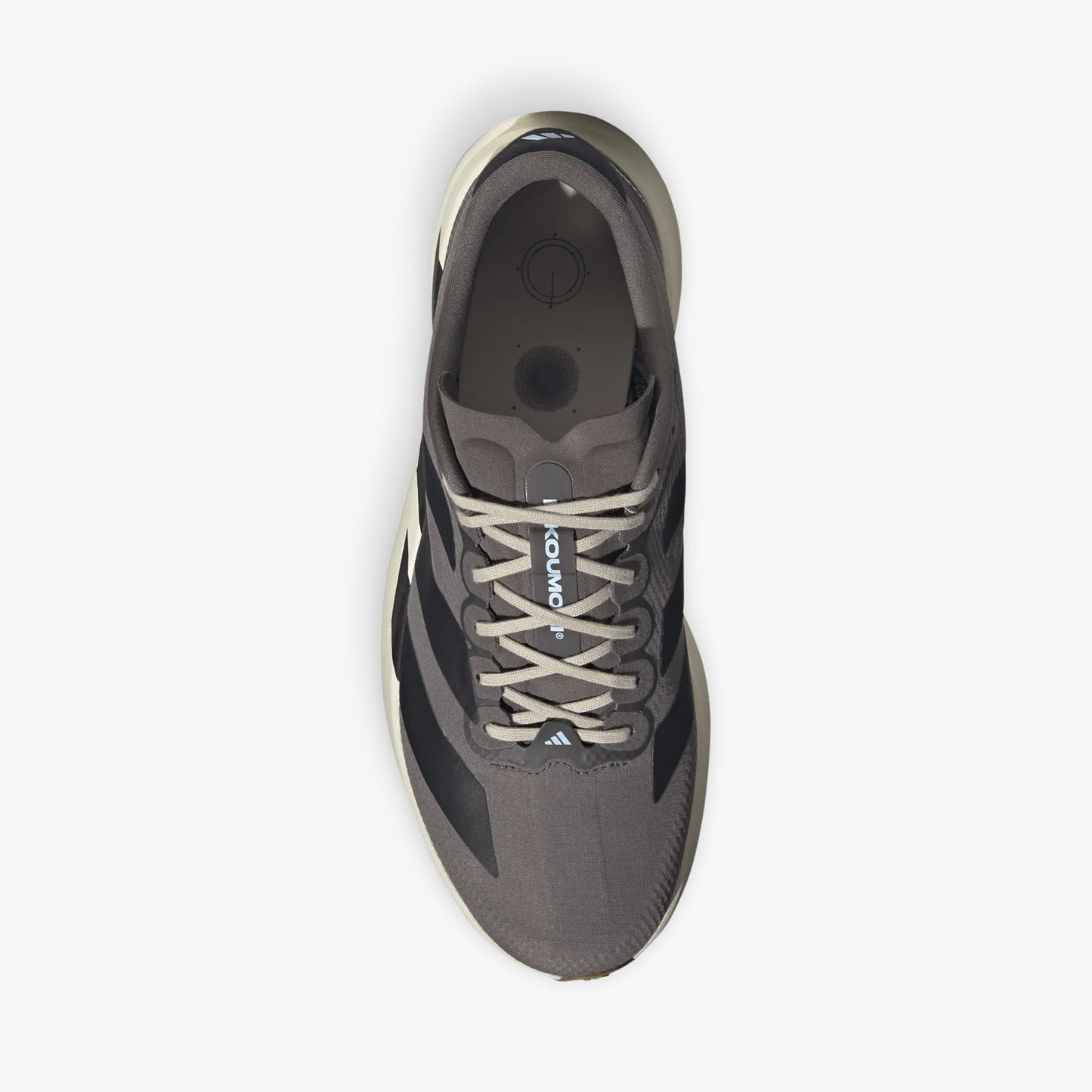adidas adizero EVO SL. Top view of Charcoal running shoe showing light grey laces, light blue tongue accent, textile lining, and padded collar. 