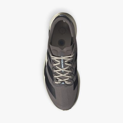 adidas adizero EVO SL. Top view of Charcoal running shoe showing light grey laces, light blue tongue accent, textile lining, and padded collar. 