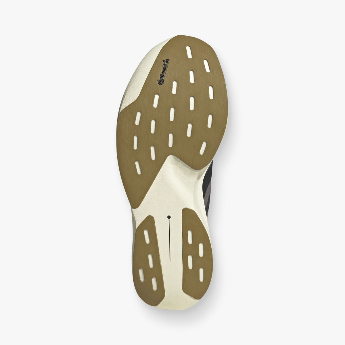 adidas adizero EVO SL. Bottom view of Charcoal running shoe showing tan rubber traction outsole with off-white foam cutouts. 