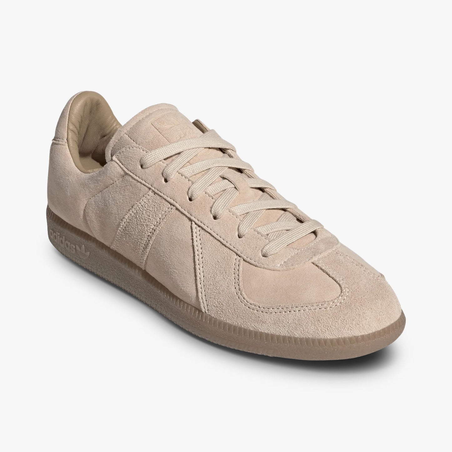 adidas BW Army. Three-quarter view of Halo Blush nubuck sneakers showing T-toe overlay design and matching blush laces. 